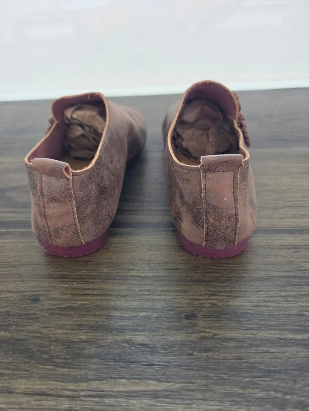 💙 Distressed Brown Asymmetrical Slip On Flats Size 41 US 10 Chinese Frog Knot